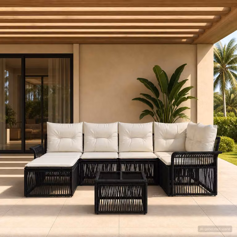 Set Divano da Giardino vidaXL 7 Pezzi a Forma di L con Poltroncina, Tavolino e Cuscini, Colore Nero
