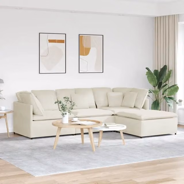 Divano Modulare con Poggiapiedi e Cuscini in Velluto Crema 3321316