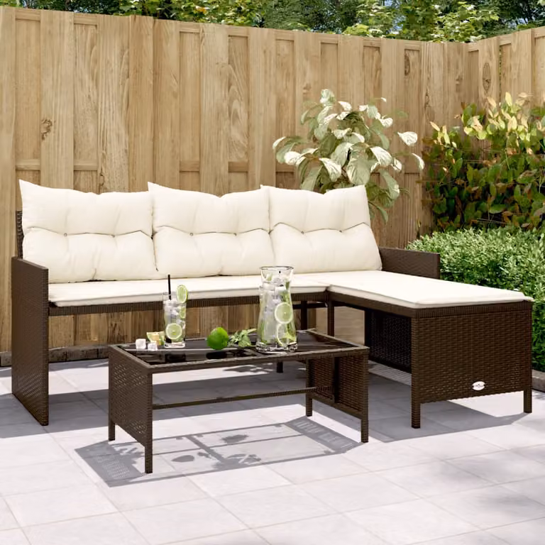 Set da giardino vidaXL a L con divano a 3 posti, tavolino e cuscini, marrone e bianco