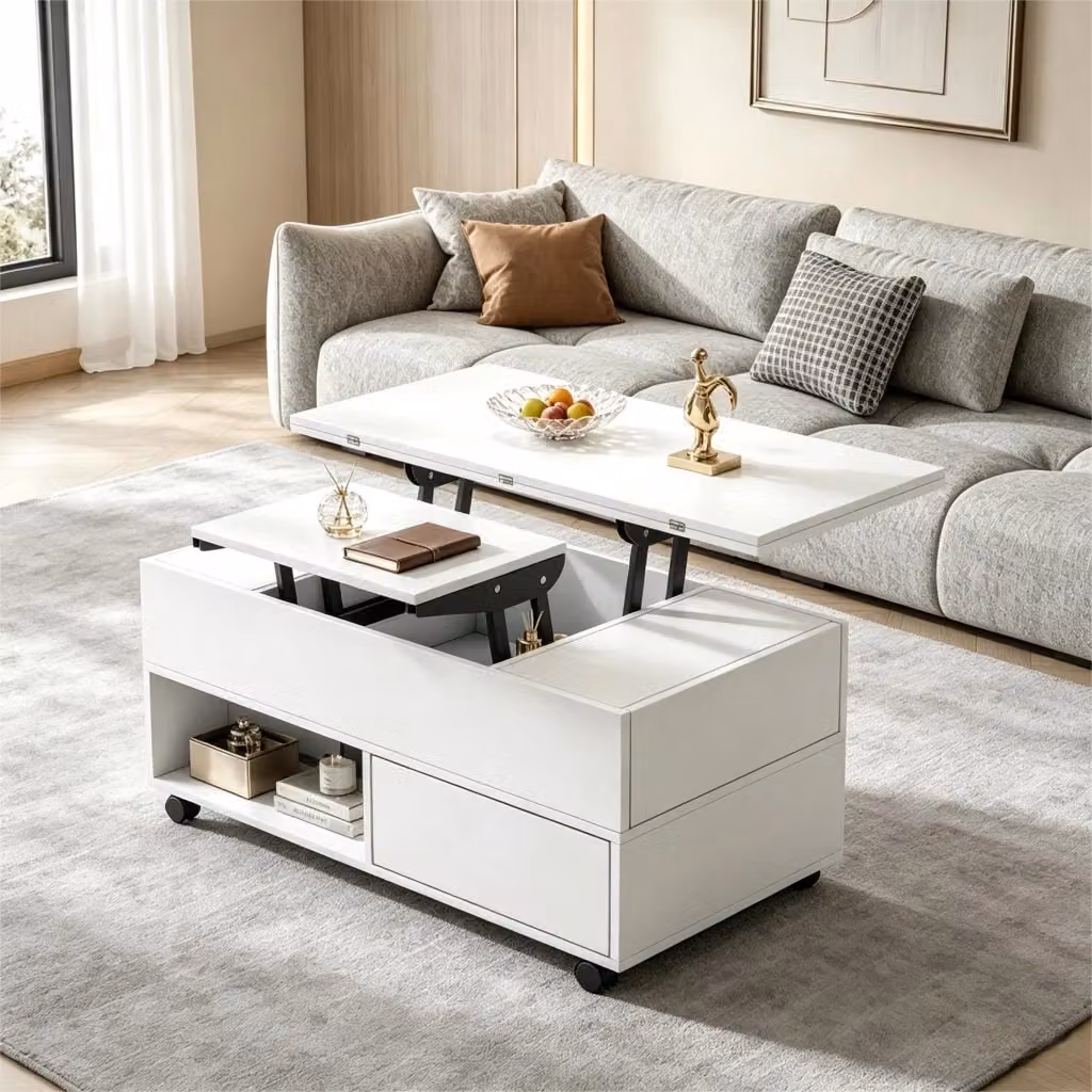 Tavolino basso alzabile Mivray con 4 cassetti e vani aperti, bianco opaco, L: 100 cm, P: 50 cm, H: 52 cm – 2