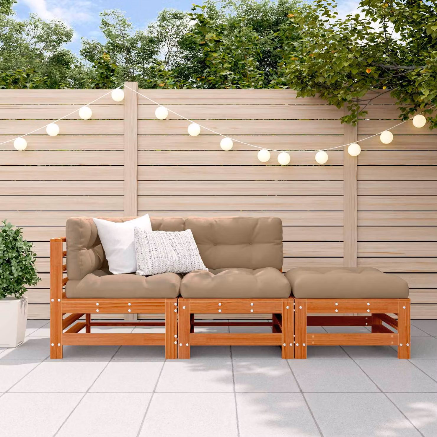 Set Lounge da Giardino vidaXL in Legno di Pino Cerato Marrone con Divano a 2 Posti, Elemento Angolare e Pouf con Cuscini inclusi