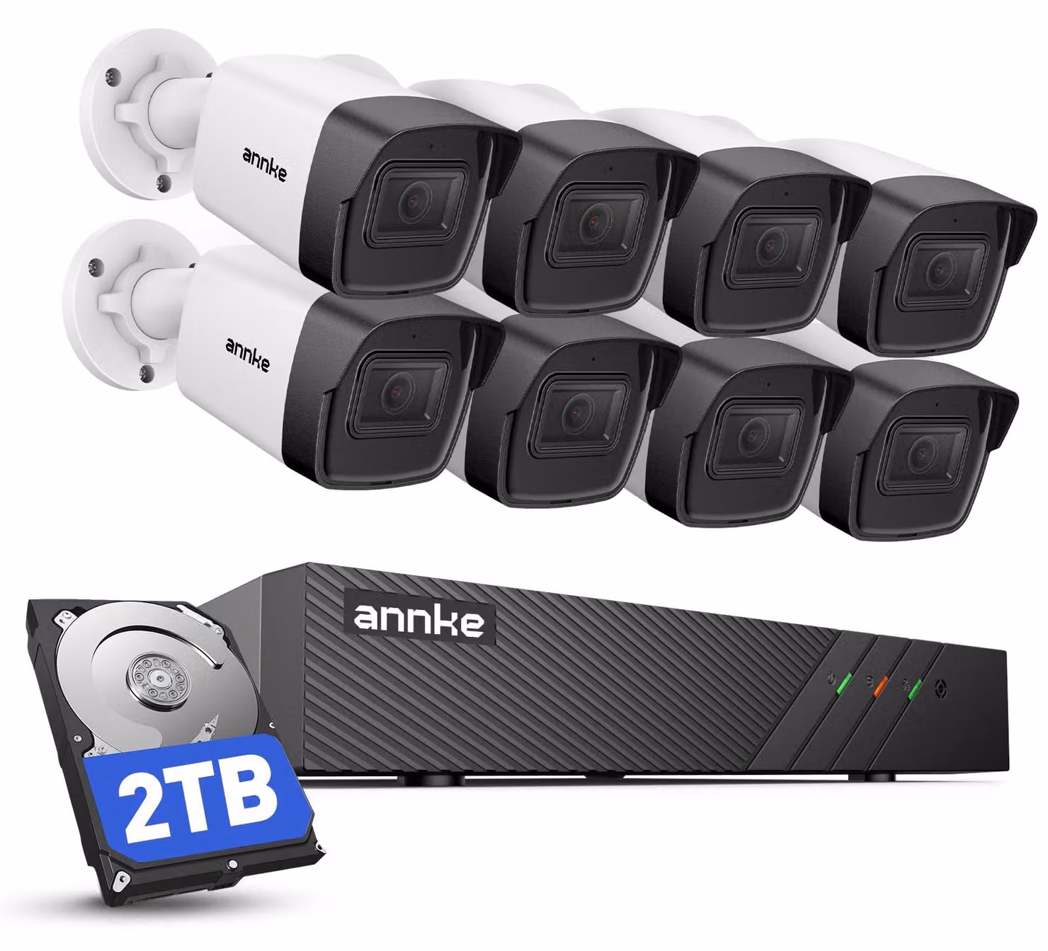 Kit di videosorveglianza composto da 8 telecamere - Registratore NVR 4K con alimentazione PoE - Disco rigido da 2TB - Angolo di visione di 130° - Adatto per uso esterno