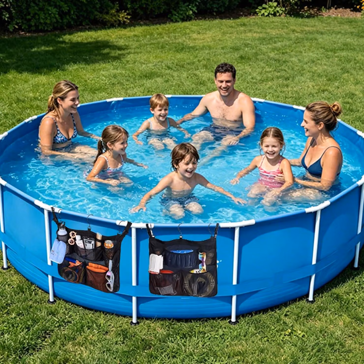 Rete per riporre gli accessori della piscina, confezione da 2 pezzi, sacca a rete pieghevole, realizzata in poliestere resistente agli strappi, ideale per accessori da piscina