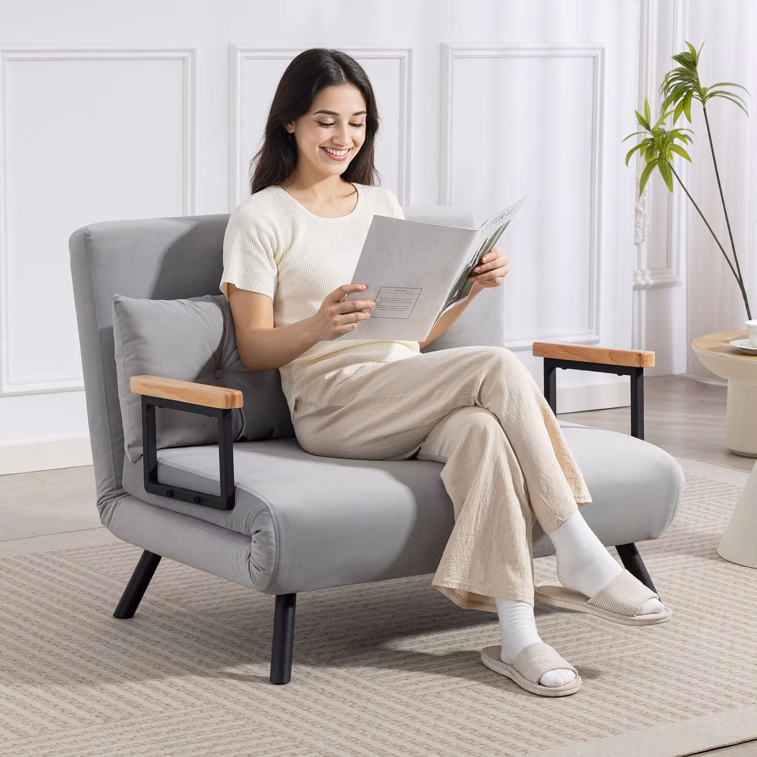 Divano letto 3 in 1 HOMCOM in velluto con schienale regolabile e 2 cuscini, grigio chiaro – 2