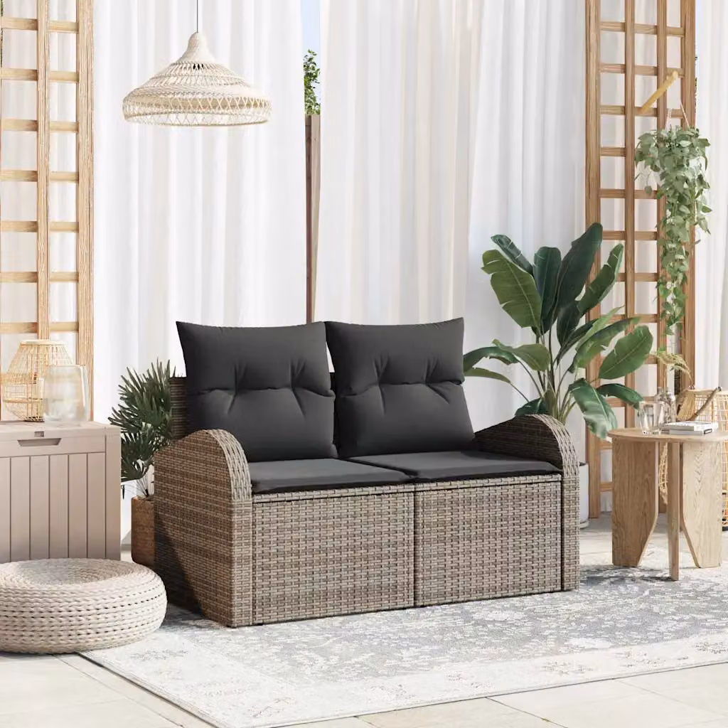 Divano da giardino vidaXL in polyrattan grigio con cuscini e struttura in metallo L: 124 cm, P: 62 cm, H: 69 cm