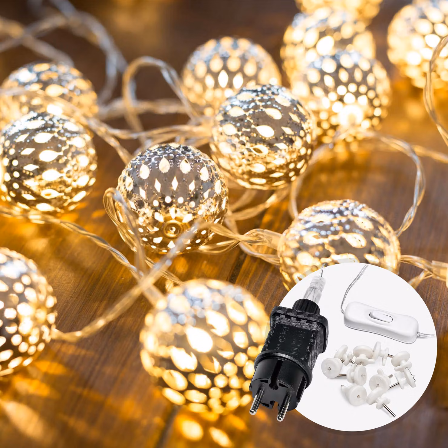 Catena luminosa a LED, 7 metri, 20 sfere bianco caldo, colore argento, con spina