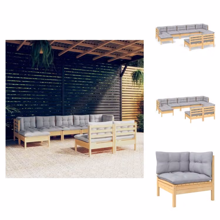 vidaXL Set 9 pezzi da giardino con cuscini grigi in legno di pino - Set di mobili da giardino