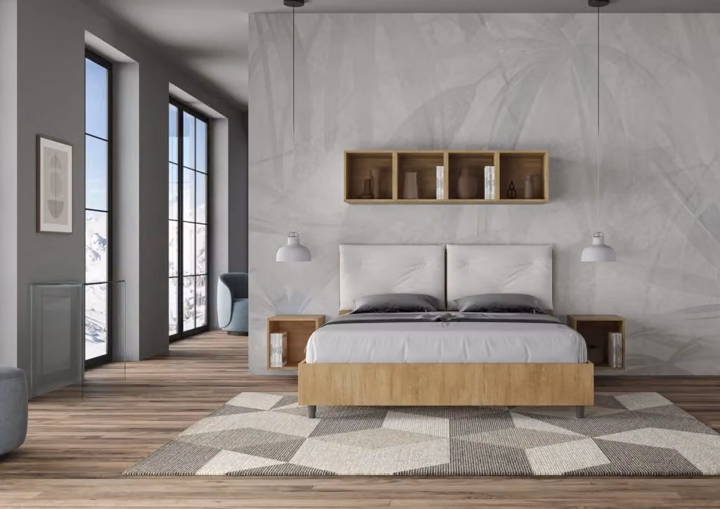 Letto Matrimoniale Egos Appia con Contenitore e Rete, Struttura in Quercia e Cuscini in Similpelle, Bianco, L/P/H: 160 x 200 cm – 2