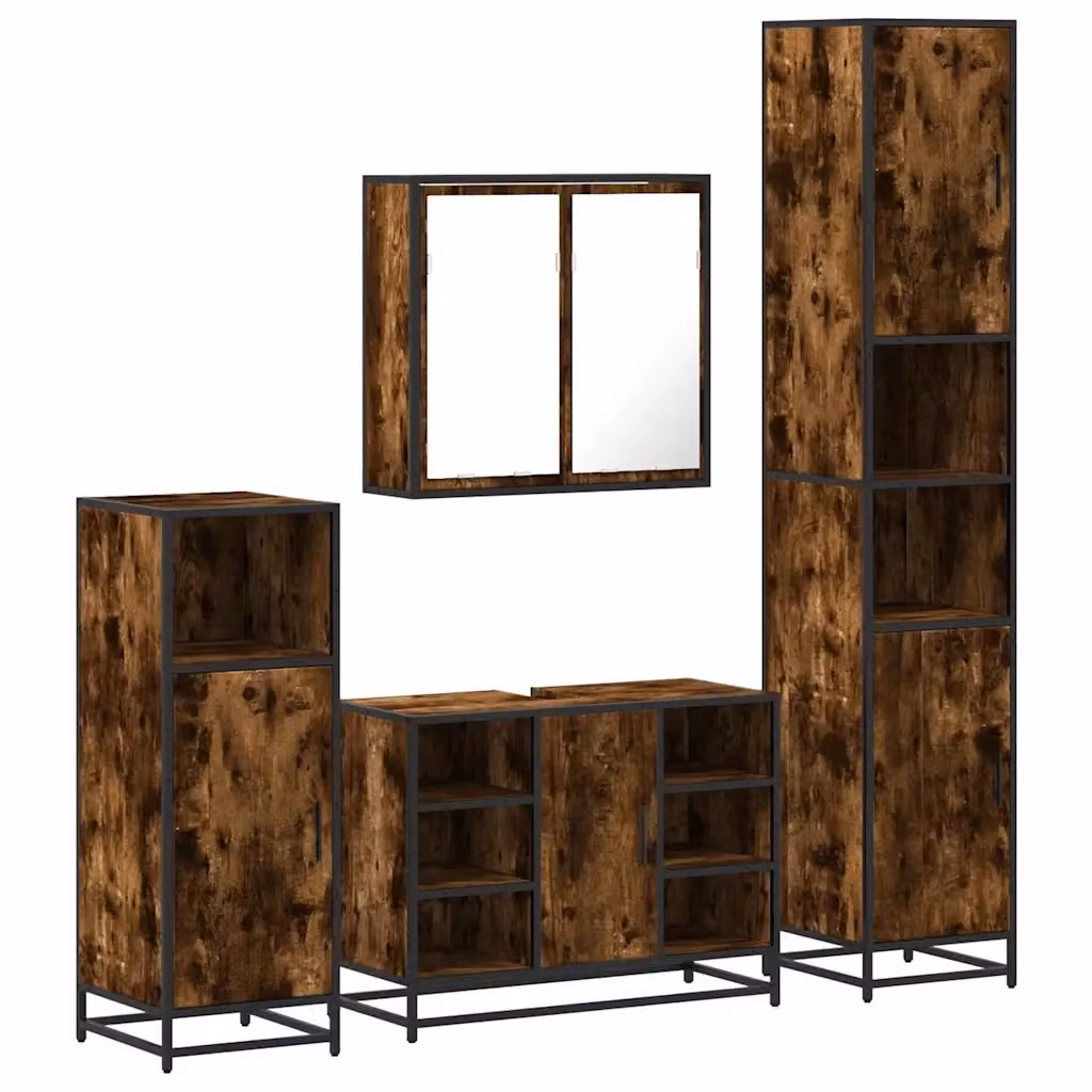 Set di mobili da bagno industrial vidaXL composto da 4 pezzi in legno e metallo marrone con armadietto specchio, mobile lavabo, mobile laterale e colonna alta con illuminazione LED – 2