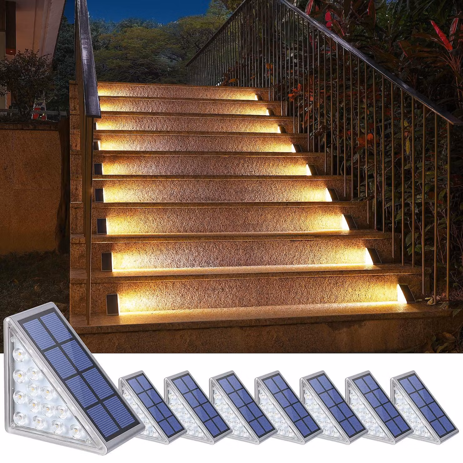Set di 8 luci solari per gradini, a forma triangolare, luce bianco caldo, 13 LED, grado di protezione IP67