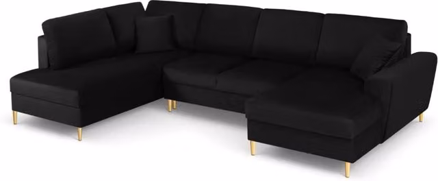 Divano panoramico convertibile Kyoto di Cosmopolitan Design con contenitore, 7 posti, modello a L con lato sinistro, rivestimento in velluto nero e dettagli oro, L 313 cm x P 175 cm x H 88 cm – 1