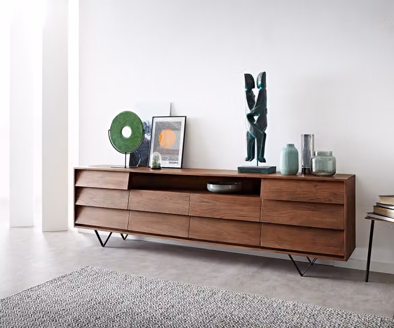 Credenza DELIFE Eloi 240x40 cm in acacia marrone, 2 ante e 6 cassetti, con piedini a V neri