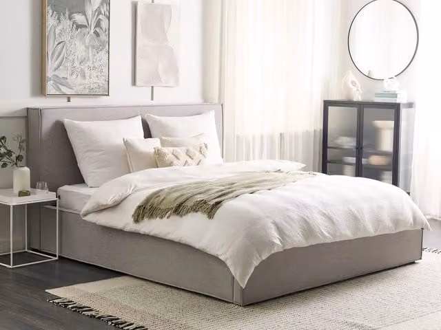 Letto King Size Beliani con Contenitore e Doghe in Legno, Rivestimento in Tessuto Grigio, L/P: 180 x 200 cm – 1