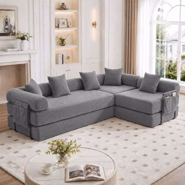 Desviae Divano modulare in velluto a coste grigio scuro con tasca laterale trasformabile in letto con elementi combinabili