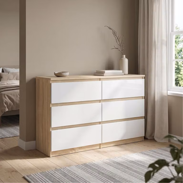 Comodà Masseno NUDO da 138,5 cm con 6 cassetti e ante, per soggiorno e camera da letto, stile moderno, 138,5x39x78,5 cm, rovere Sonoma / bianco