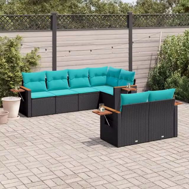 Set Divani da Giardino 7 pz con Cuscini Nero in Polyrattan 3226981