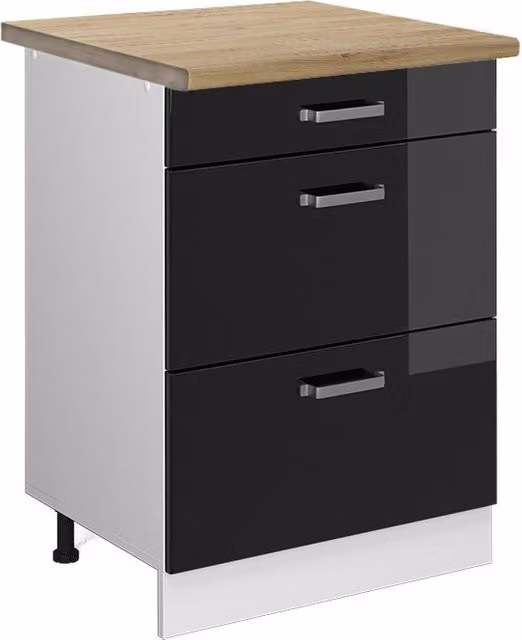 Mobiletto base per cucina R-Line Nero lucido/Bianco 60 cm con cassetti, PL Rovere Vicco