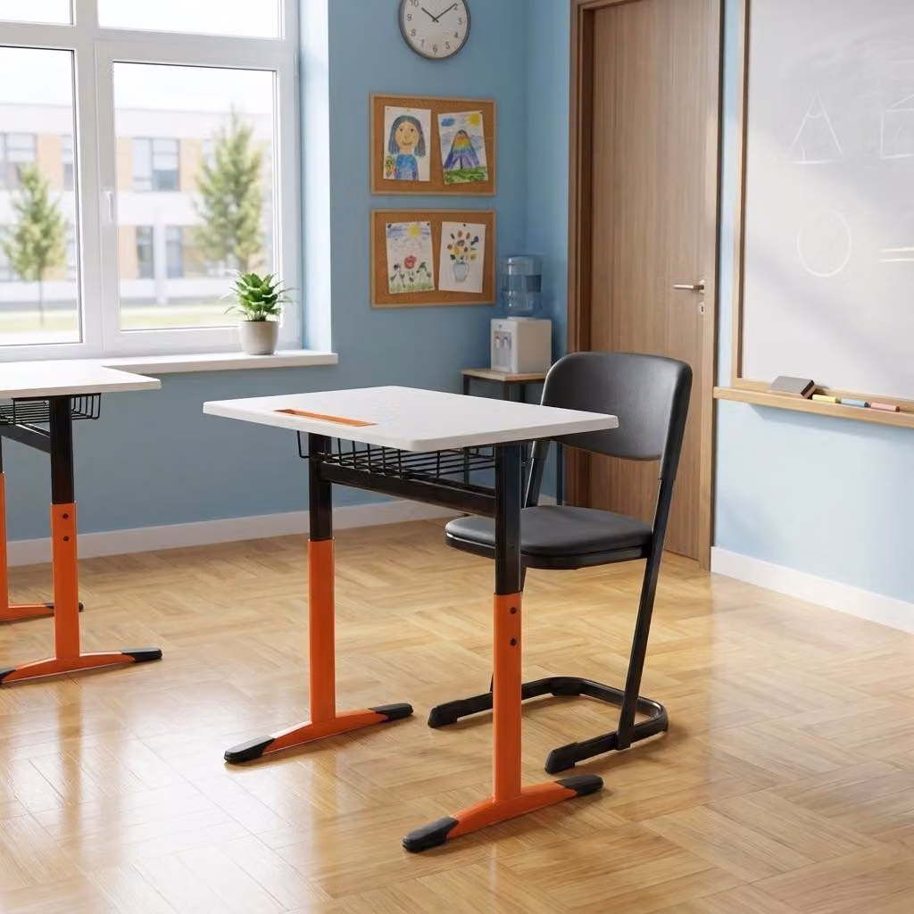 Set scolastico moderno ed ergonomico, grigio: banco da scuola nero e sedia, tavolo singolo