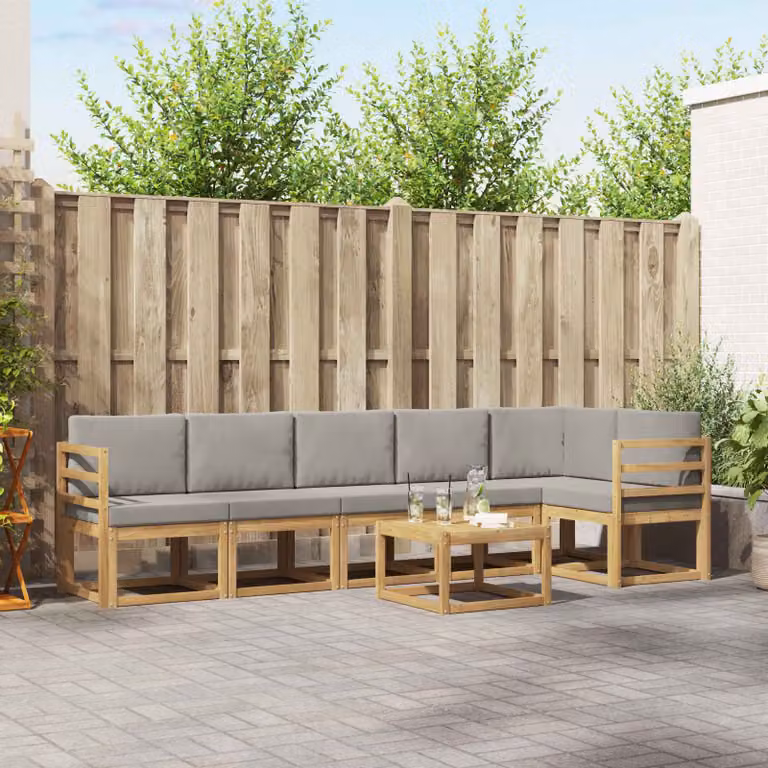 Set di divani da esterno vidaXL a forma di L composto da 7 pezzi con tavolo da caffè, struttura in legno di acacia e cuscini inclusi, colori bianco, grigio e marrone
