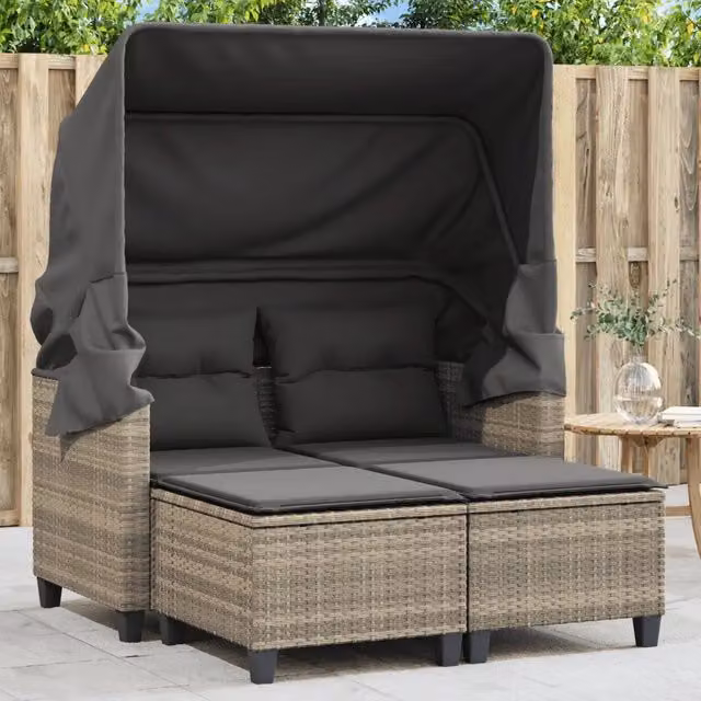 Divano Giardino 2 Posti Tetto Sgabelli Grigio Chiaro Polyrattan 365786