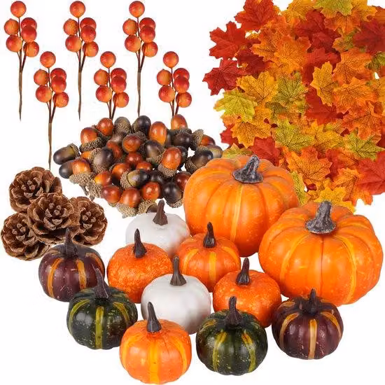 Set decorativo autunnale, 162 pezzi, foglie artificiali, frutti, rametti per il Giorno del Ringraziamento e Halloween