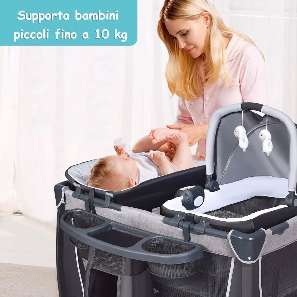 Lettino da Neonato Costway 4 in 1 Pieghevole con Materasso, Fasciatoio e Giocattolo, Culla da Campeggio per Bambini 0-36 Mesi fino a 15 kg, Grigio Scuro – 2