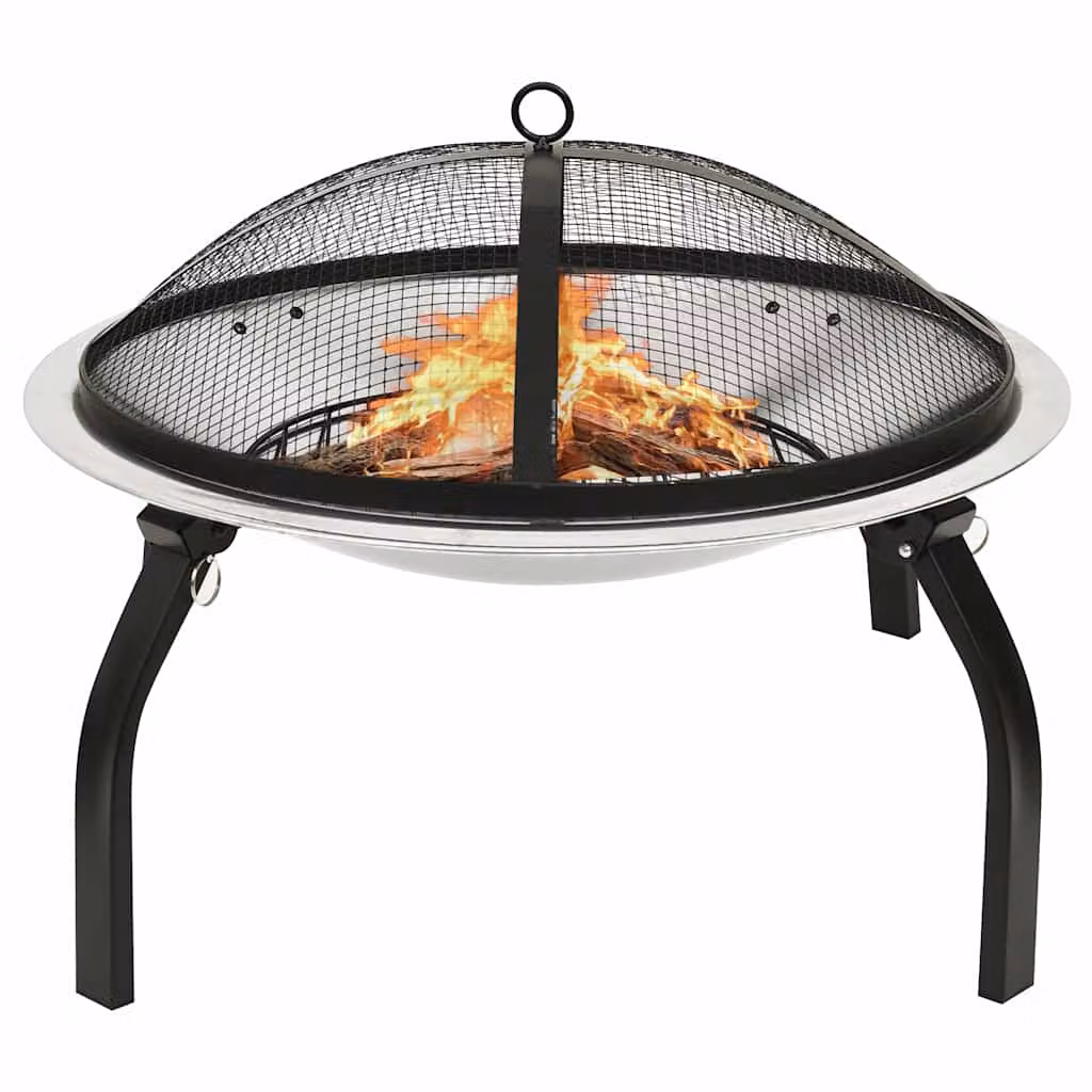 vidaXL Braciere e Barbecue 2in1 con Attizzatoio in Acciaio Inox Argento L/P/H: 56 x 56 x 49 cm