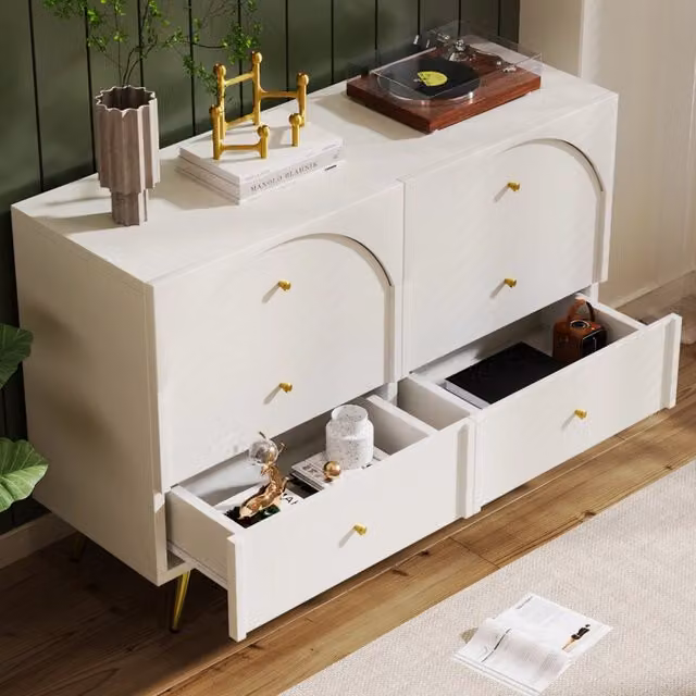 Cassettiera con 6 cassetti e piedino regolabile per camera da letto, in legno e metallo, crema, 120 × 40 × 85 cm