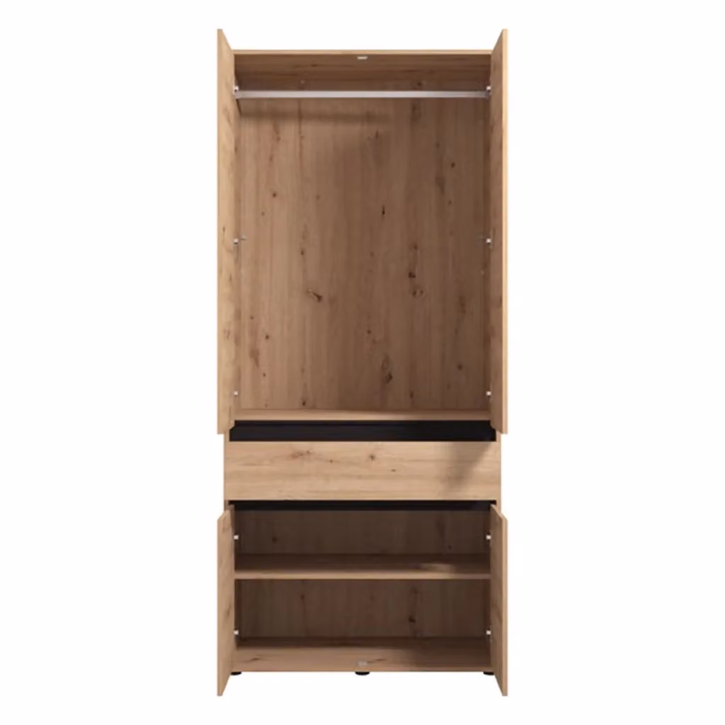 Armadio da camera da letto DMORA in rovere marrone con ante a battente, ripiani interni e appendiabiti, L: 93 cm, H: 211 cm – 2