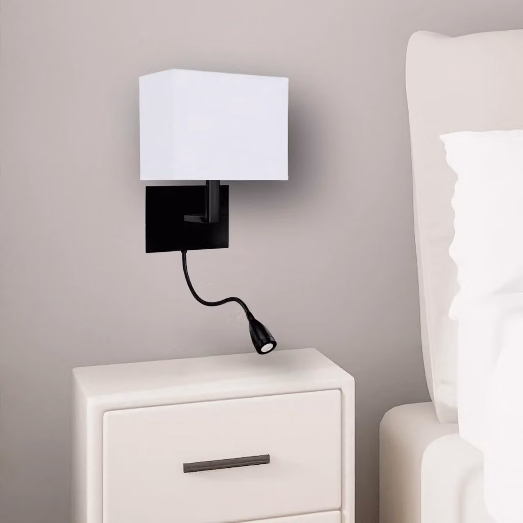 Applique da parete SEARCHLIGHT nera con tessuto e metallo, orientabile, ideale per la lettura in camera da letto, attacco E27 – 2
