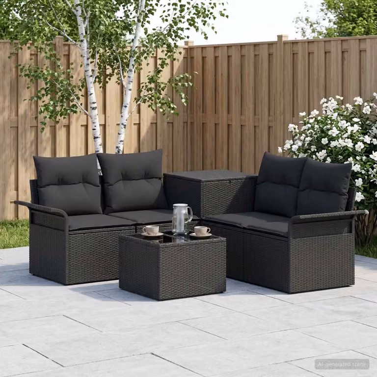 Set di divani da giardino vidaXL 6 pezzi nero con cuscini e tavolino da caffè in stile moderno