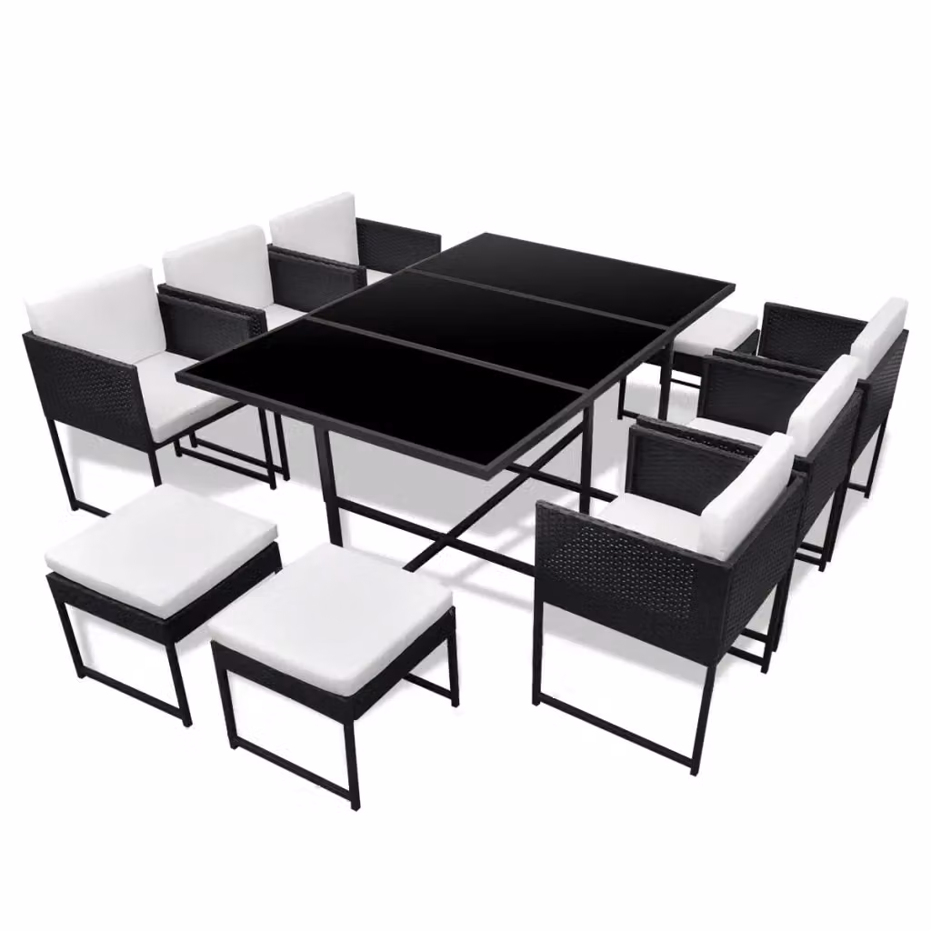 Set da pranzo da giardino vidaXL in polyrattan nero e bianco con piano in vetro e cuscini – 2