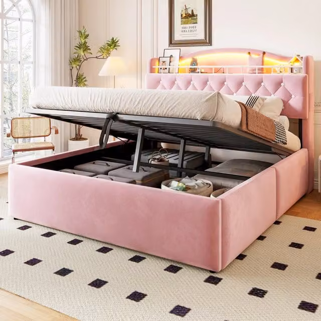 Letto imbottito 140x200 cm con contenitore idraulico e USB; tessuto e metallo rosa
