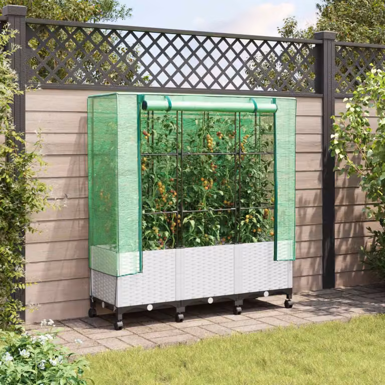 Set di 3 vasi da giardino con copertura per serra e ruote vidaXL, colore bianco, in plastica