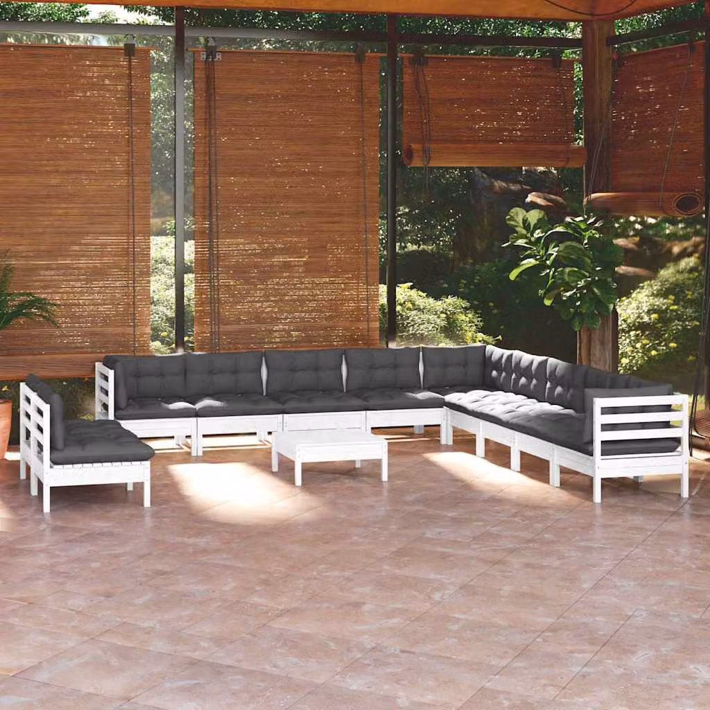 Set di divani da giardino vidaXL a forma di U in legno di pino con cuscini bianchi, antracite e grigi