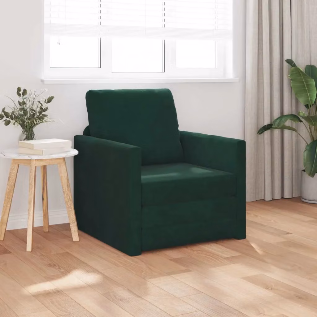 Divano letto singolo in velluto verde scuro con struttura in legno e schienale imbottito L: 74 cm, P: 77 cm, H: 81 cm – 2
