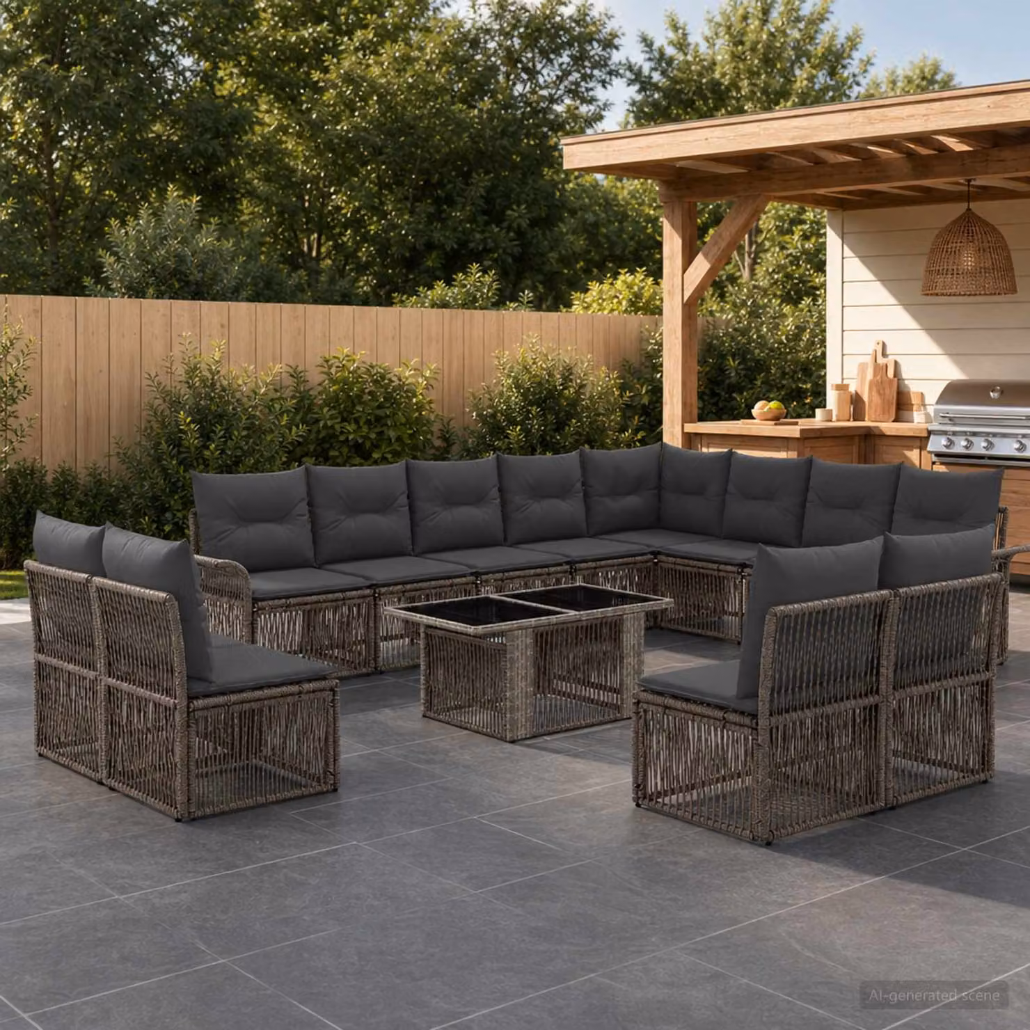 Set Divano da Giardino vidaXL 13 pz a Forma di L con Tavolino, Colore Grigio e Antracite, Struttura in Metallo e Polyrattan con Cuscini Inclusi
