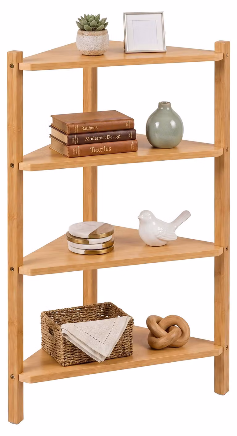 Relaxdays, scaffale angolare, dimensioni: 80 x 46 x 25 cm, 4 ripiani, scaffale autoportante per soggiorno o bagno, realizzato in MDF e bambù, scaffale angolare, colore naturale