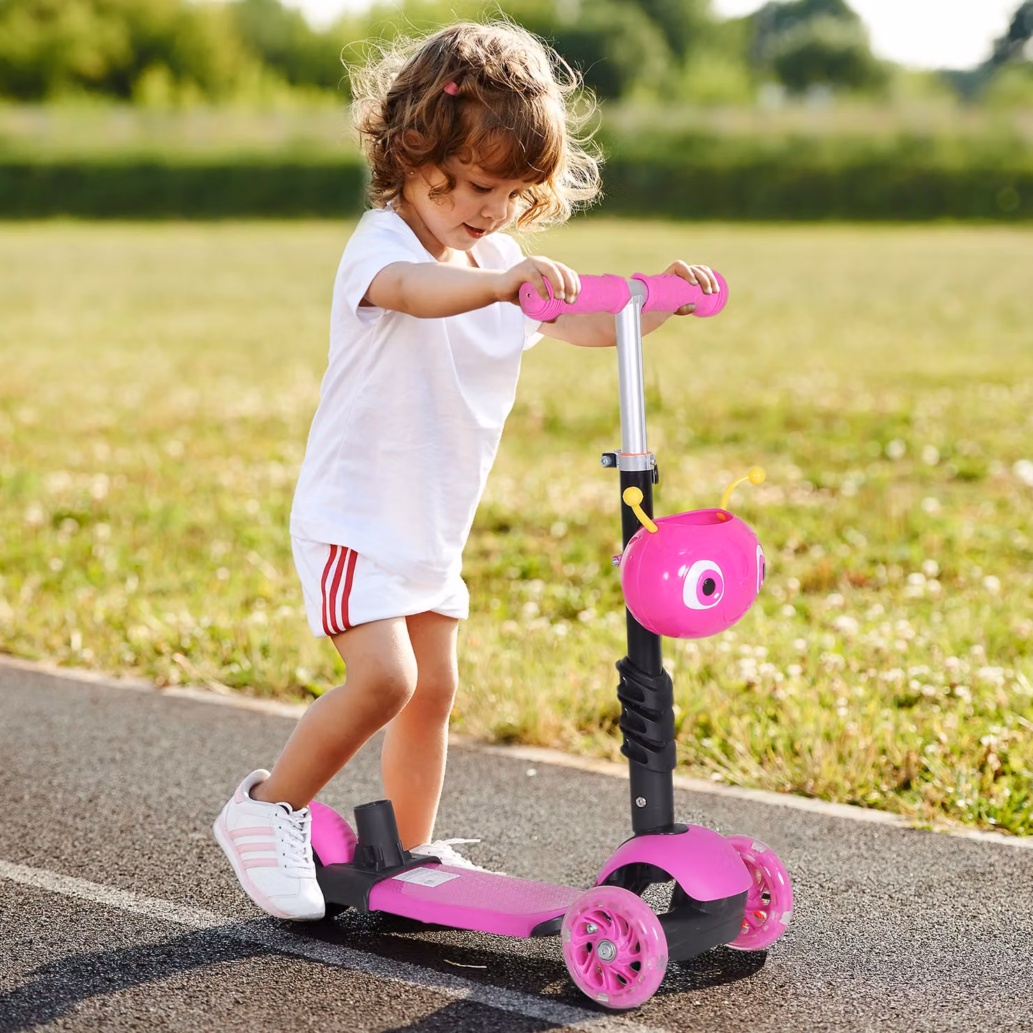 Monopattino a 3 ruote con sedile e manubrio regolabile HOMCOM per bambini, Rosa, L 62 cm x P 25 cm x H 72.5 cm – 2