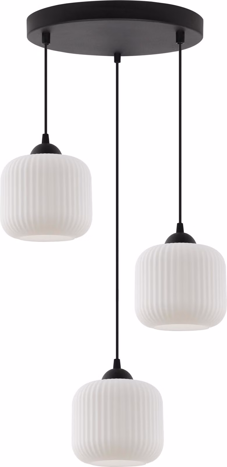 Lampada a sospensione Riffle nera a 3 luci con paralumi cilindrici bianchi E27