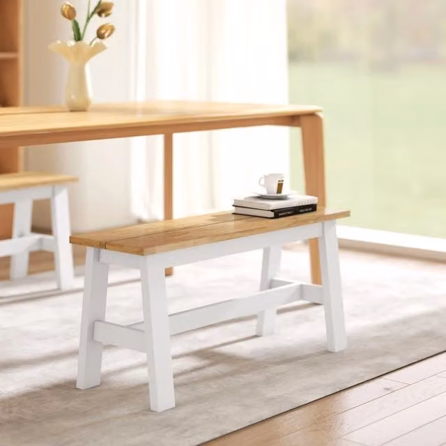 Panca in legno Rubberwood stile scandinavo per adulti REDOM, Bianco e Marrone, L: 120 cm, P: 30 cm, H: 45 cm