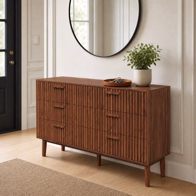 Comodino INONEFT con 6 cassetti in rattan, 100x34x73 cm, mobiletto contenitore, cassettiera, mobile alto, mobile laterale con cassetti, design moderno, legno noce