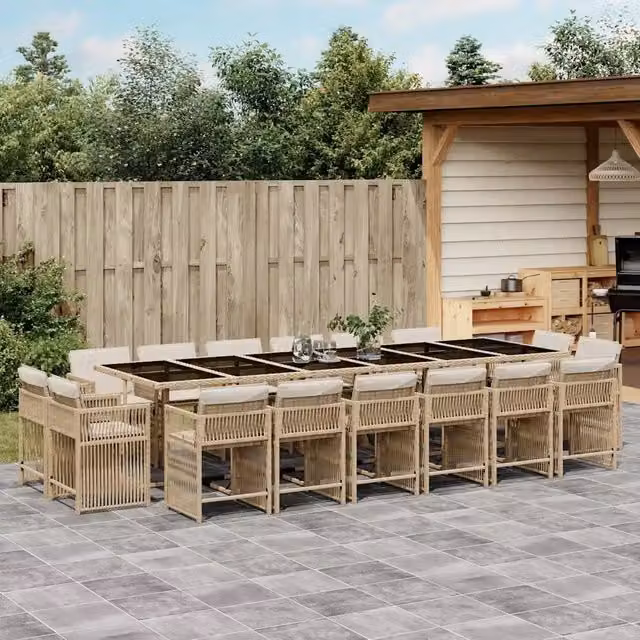 Set da pranzo da giardino vidaXL in polyrattan con cuscini beige e piano in vetro, 17 pezzi