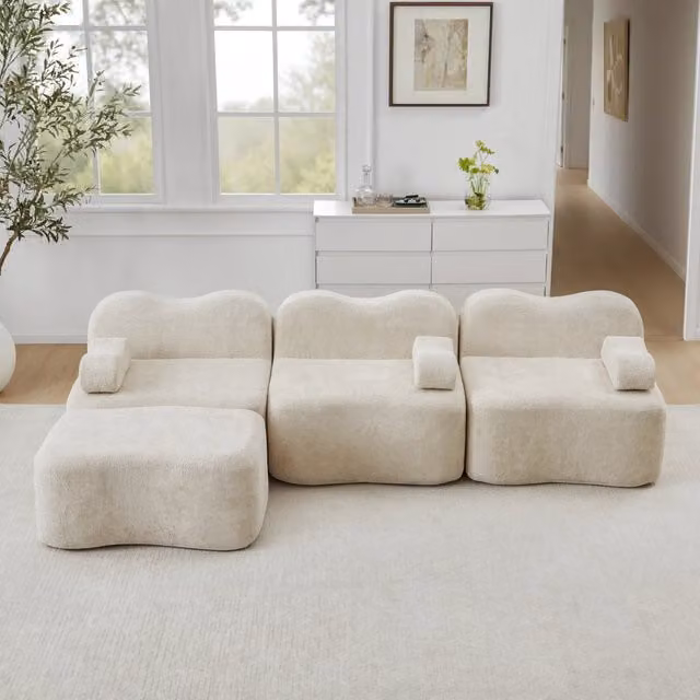 Divano angolare modulare Vovees Living in velluto beige con pouf coordinato, 3 posti, L/P/H: 288 x 167 x 70 cm
