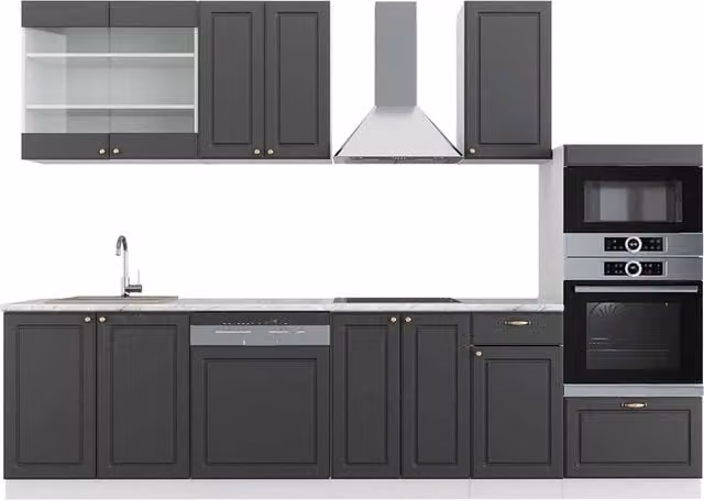 Cucina componibile moderna Fame-Line Vicco colore antracite, oro e bianco con armadio alto e piano in marmo, L: 300 cm