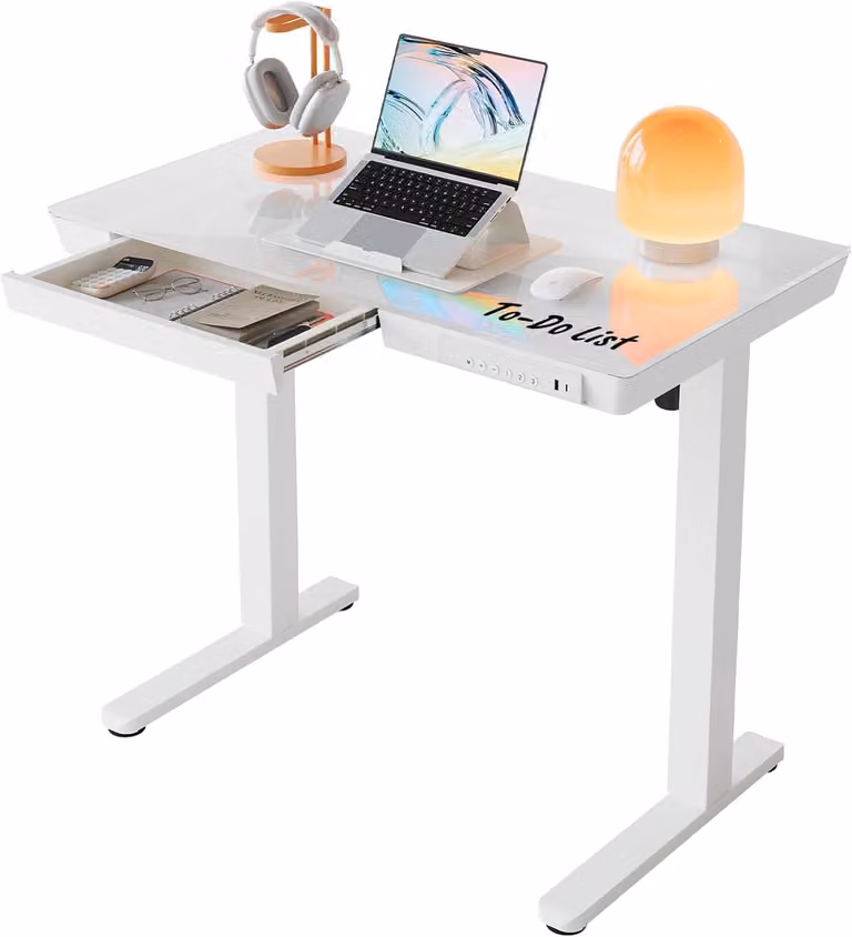 Scrivania regolabile elettricamente - 88 x 50 cm - Piano in vetro - Bianco - Con cassetto - Design moderno