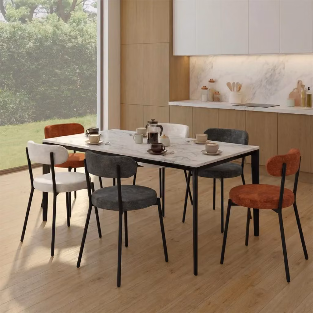 Set di 6 sedie rotonde MIKI IDMarket in tessuto cinigliato con gambe in metallo, colori misti terracotta, ecrù e grigio scuro – 2
