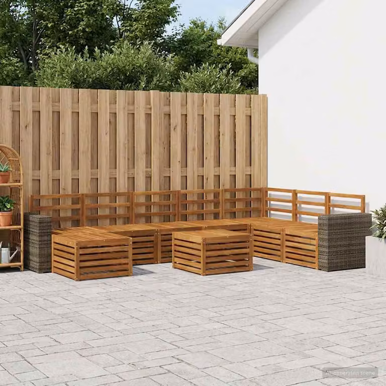 vidaXL Set di divani da esterno a L composto da 9 pezzi in legno di acacia massello marrone con cuscini inclusi