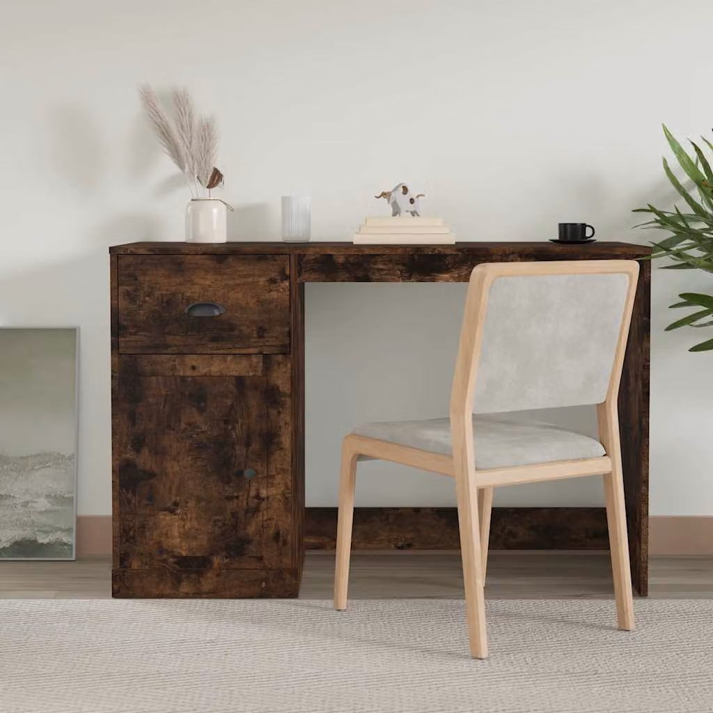 Scrivania moderna vidaXL in legno e MDF color rovere fumo con cassetto, L 115 x P 50 x H 75 cm