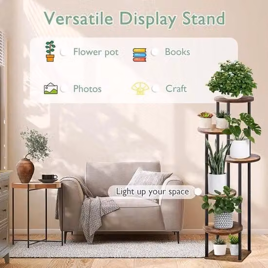 Stand per piante 6 livelli 133 cm - supporto per vasi di plastica in metallo e legno - rastrello per piante multi livelli per interni ed esterni - camera da letto soggiorno balcone giardino terrazza - piante multiple
